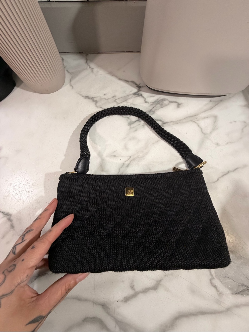 Lina Black Quilted Knit Mini Top-Handle Bag with Gold Logo
